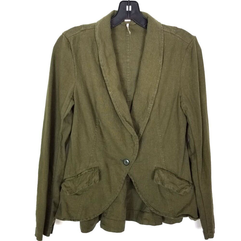 FREE PEOPLE Women Linen Blend Blazer Sz XS Moss Green‎ One Button Boho Pockets